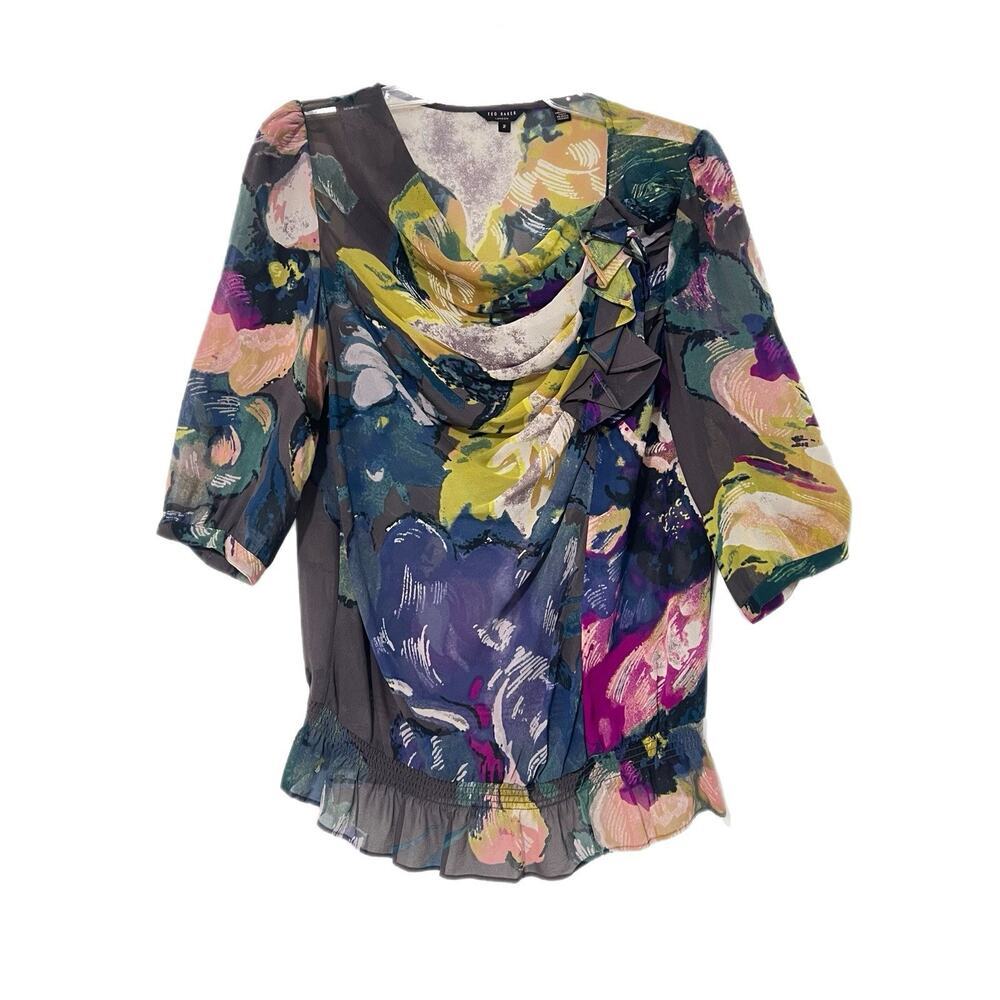 Ted Baker Women’s Blouse Size 2 US Small 100% Silk Floral Gathered Artsy Fairy